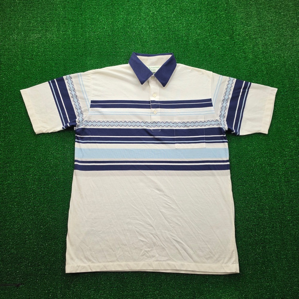Vintage Palmland Club Striped Knit Pocket Polo Shirt Mens Mediium White Blue